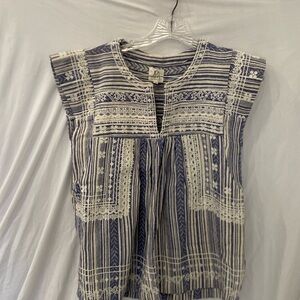dRA Los Angeles anthro Embroidered blue white top sz XS